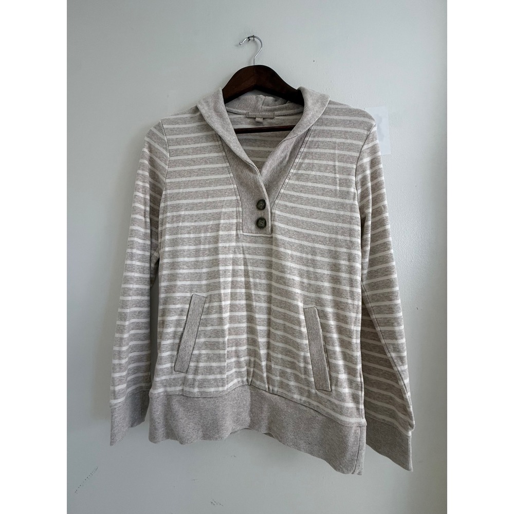 Banana Republic Womens Striped Button Hoodie Oatmeal White Pullover 118600 Small